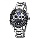 TVG Round Dial Hardlex Watch Window Luminous & Alarm & Week Display Function Quartz + Digital Double Movement Men Watch with Alloy Band(Black)