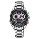 TVG Round Dial Hardlex Watch Window Luminous & Alarm & Week Display Function Quartz + Digital Double Movement Men Watch with Alloy Band(Black)