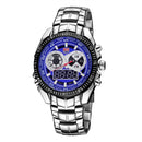 TVG Round Dial Hardlex Watch Window Luminous & Alarm & Week Display Function Quartz + Digital Double Movement Men Watch with Alloy Band(Dark Blue)
