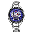 TVG Round Dial Hardlex Watch Window Luminous & Alarm & Week Display Function Quartz + Digital Double Movement Men Watch with Alloy Band(Dark Blue)