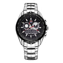 TVG Round Dial Glass Watch Window Luminous & Alarm & Week Display Function Quartz + Digital Double Movement Men Watch with Alloy Band(Black)