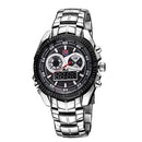 TVG Round Dial Glass Watch Window Luminous & Alarm & Week Display Function Quartz + Digital Double Movement Men Watch with Alloy Band(Black)