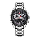 TVG Round Dial Glass Watch Window Luminous & Alarm & Week Display Function Quartz + Digital Double Movement Men Watch with Alloy Band(Black)
