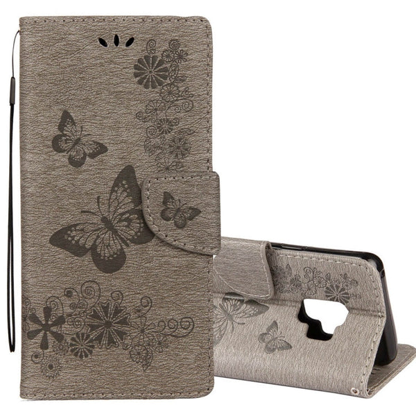 For Galaxy S9 Vintage Embossed Floral Butterfly Pattern Horizontal Flip Leather Case with Card Slot & Holder & Wallet & Lanyard(Grey)