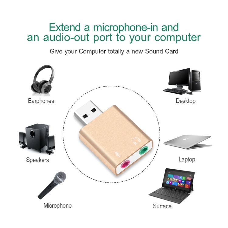 Aluminum Shell 3.5mm Jack External USB Sound Card HIFI Magic Voice 7.1 Channel Adapter Free Drive for Computer, Desktop, Speakers, Headset, Microphone(Gold)