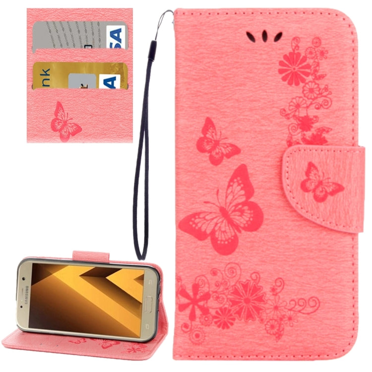 For Galaxy A3 (2017) / A320 Butterflies Embossing Horizontal Flip Leather Case with Holder & Card Slots & Wallet & Lanyard (Pink)
