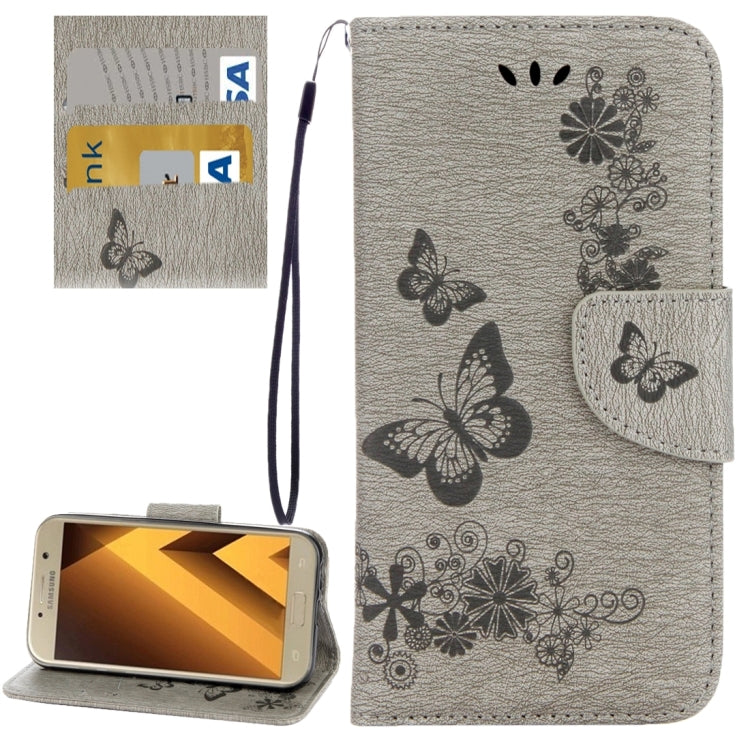 For Galaxy A3 (2017) / A320 Butterflies Embossing Horizontal Flip Leather Case with Holder & Card Slots & Wallet & Lanyard (Grey)