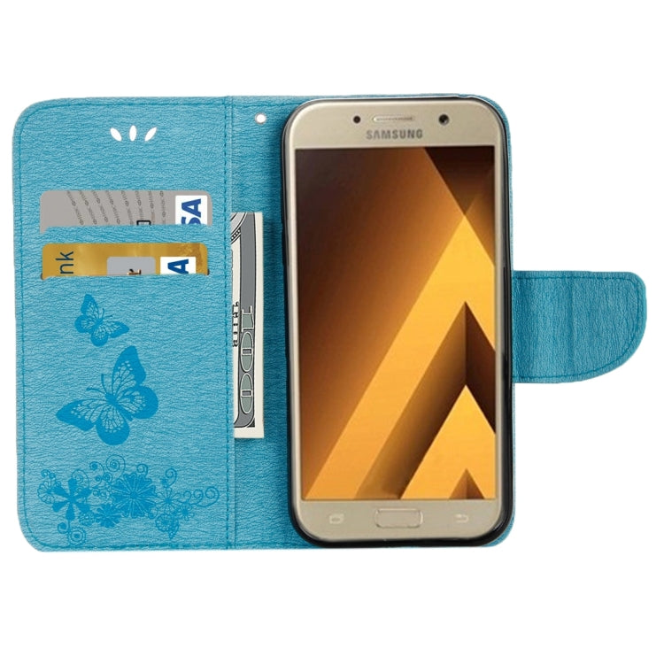 For Galaxy A5 (2017) / A520 Butterflies Embossing Horizontal Flip Leather Case with Holder & Card Slots & Wallet & Lanyard (Blue)