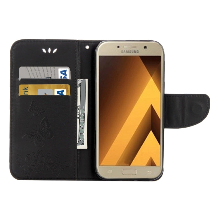 For Galaxy A7 (2017) / A720 Butterflies Embossing Horizontal Flip Leather Case with Holder & Card Slots & Wallet & Lanyard (Black)