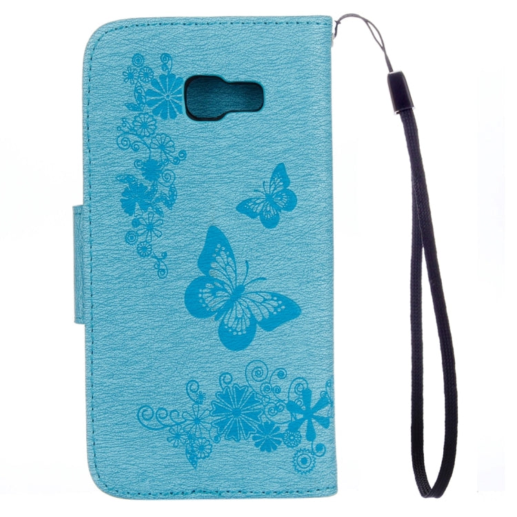 For Galaxy A7 (2017) / A720 Butterflies Embossing Horizontal Flip Leather Case with Holder & Card Slots & Wallet & Lanyard (Blue)