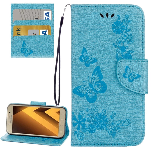 For Galaxy A7 (2017) / A720 Butterflies Embossing Horizontal Flip Leather Case with Holder & Card Slots & Wallet & Lanyard (Blue)