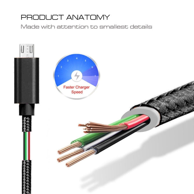 2m 3A Woven Style Metal Head Micro USB to USB Data / Charger Cable, For Galaxy S6 / S6 edge / S6 edge+ / Note 5 Edge, HTC, Sony, Length: 2m(Black)