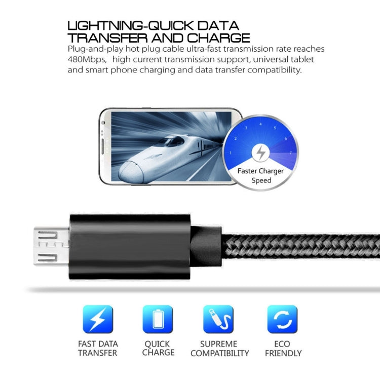 2m 3A Woven Style Metal Head Micro USB to USB Data / Charger Cable, For Galaxy S6 / S6 edge / S6 edge+ / Note 5 Edge, HTC, Sony, Length: 2m(Black)