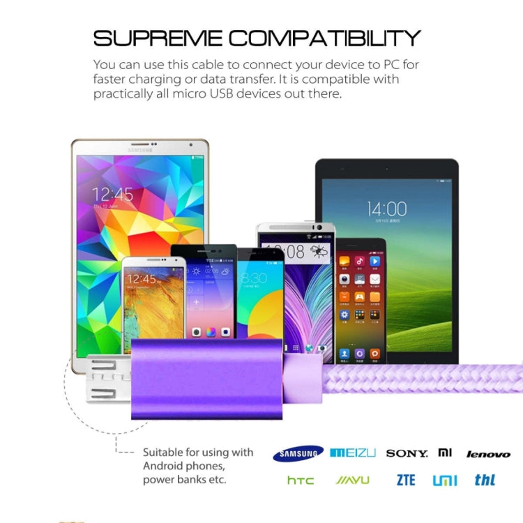 2m 3A Woven Style Metal Head Micro USB to USB Data / Charger Cable, For Samsung / Huawei / Xiaomi / Meizu / LG / HTC and Other Smartphones(Purple)