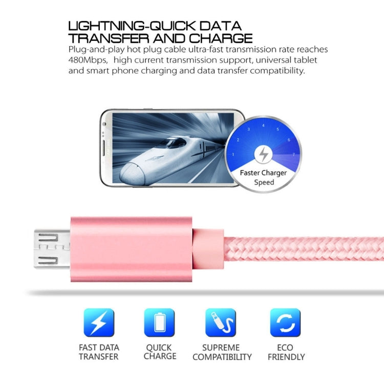 2m 3A Woven Style Metal Head Micro USB to USB Data / Charger Cable, For Samsung / Huawei / Xiaomi / Meizu / LG / HTC and Other Smartphones(Rose Gold)