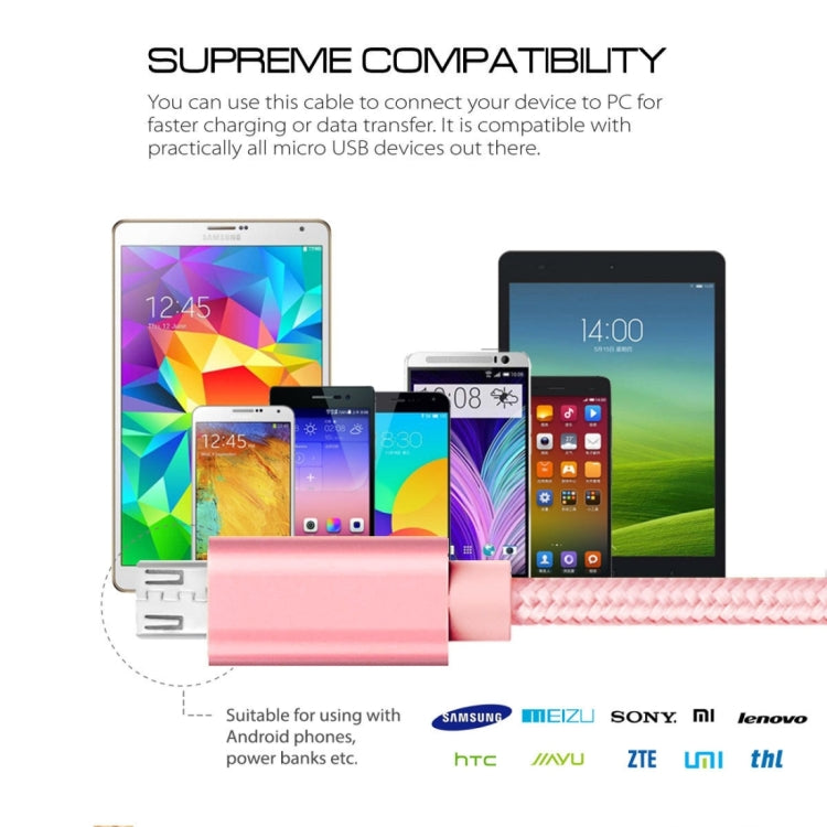 2m 3A Woven Style Metal Head Micro USB to USB Data / Charger Cable, For Samsung / Huawei / Xiaomi / Meizu / LG / HTC and Other Smartphones(Rose Gold)