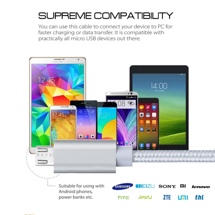 3A Woven Style Metal Head Micro USB to USB Data / Charger Cable, Cable Length: 3m(Silver)