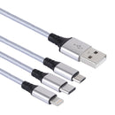 2A 1.2m 3 in 1 USB to 8 Pin & USB-C / Type-C & Micro USB Nylon Weave Charging Cable, For iPhone / iPad / Galaxy / Huawei / Xiaomi / LG / HTC / Meizu and Other Smart Phones(Silver)