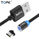 TOPK 2m 2.4A Max USB to USB-C / Type-C Nylon Braided Magnetic Charging Cable with LED Indicator(Black)