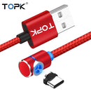 TOPK 2m 2.4A Max USB to USB-C / Type-C 90 Degree Elbow Magnetic Charging Cable with LED Indicator(Red)