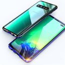 UltUltra Slim Double Sides Magnetic Adsorption Angular Frame Tempered Glass Magnet Flip Case for Galaxy S10, Screen Fingerprint Unlock Is Supported(Black Blue)