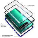UltUltra Slim Double Sides Magnetic Adsorption Angular Frame Tempered Glass Magnet Flip Case for Galaxy S10, Screen Fingerprint Unlock Is Supported(Black Blue)