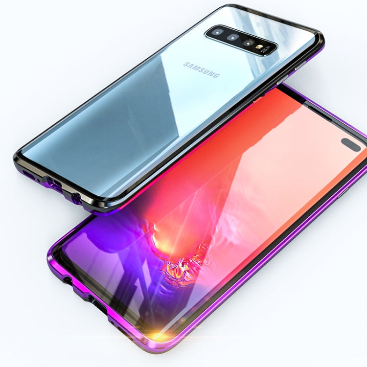 Ultra Slim Double Sides Magnetic Adsorption Angular Frame Tempered Glass Magnet Flip Case for Galaxy S10+, Screen Fingerprint Unlock Is Supported(Black purple)