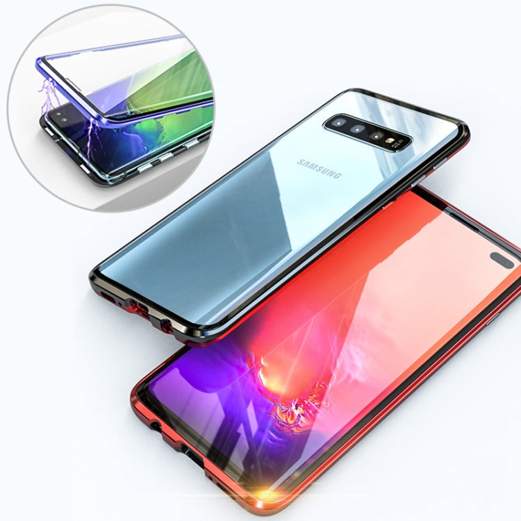 Ultra Slim Double Sides Magnetic Adsorption Angular Frame Tempered Glass Magnet Flip Case for Galaxy S10+, Screen Fingerprint Unlock Is Supported(Black Red)