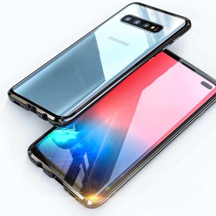 Ultra Slim Double Sides Magnetic Adsorption Angular Frame Tempered Glass Magnet Flip Case for Galaxy S10+, Screen Fingerprint Unlock Is Supported(Black)