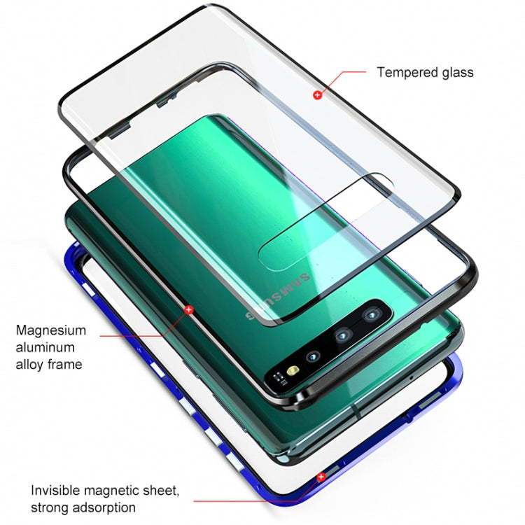Ultra Slim Double Sides Magnetic Adsorption Angular Frame Tempered Glass Magnet Flip Case for Galaxy S10+, Screen Fingerprint Unlock Is Supported(Black)