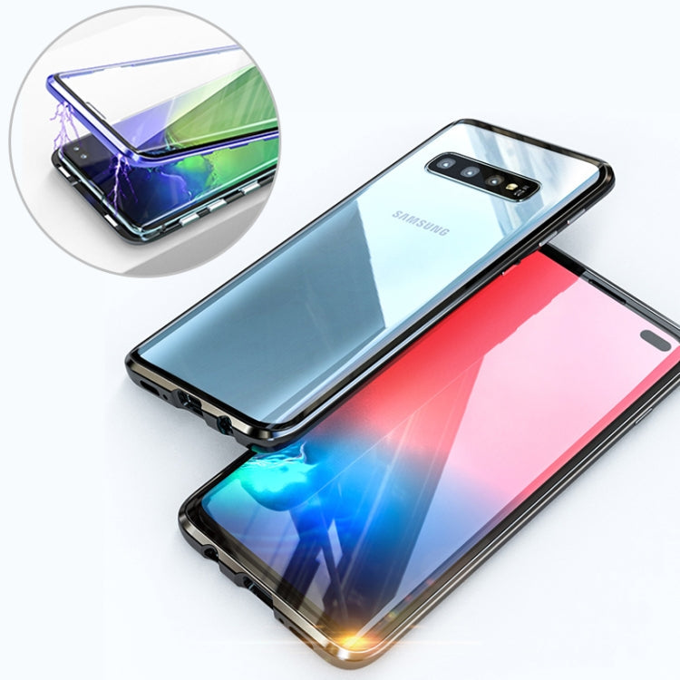 Ultra Slim Double Sides Magnetic Adsorption Angular Frame Tempered Glass Magnet Flip Case for Galaxy S10+, Screen Fingerprint Unlock Is Supported(Black)