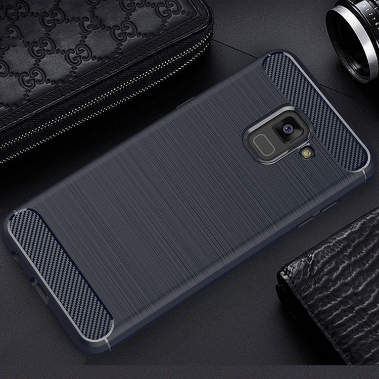 For Galaxy A8 (2018) Brushed Texture Carbon Fiber Shockproof TPU Protective Back Case (Navy Blue)