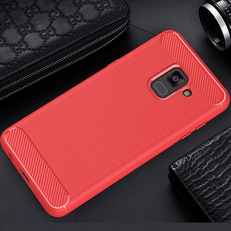 For Galaxy A8 (2018) Brushed Texture Carbon Fiber Shockproof TPU Protective Back Case (Red)