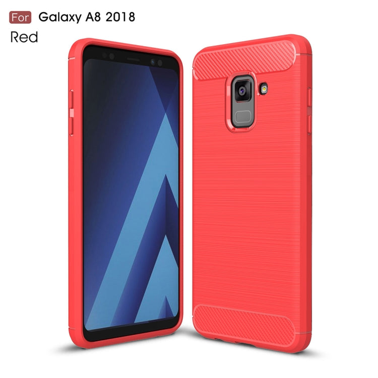 For Galaxy A8 (2018) Brushed Texture Carbon Fiber Shockproof TPU Protective Back Case (Red)