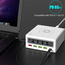 6 in 1 QC 3.0 USB Interface + 3 USB Ports + PD 65W Ports + QI Wireless Fast Charging Multi-function Charger with LED Display, US Plug(White)