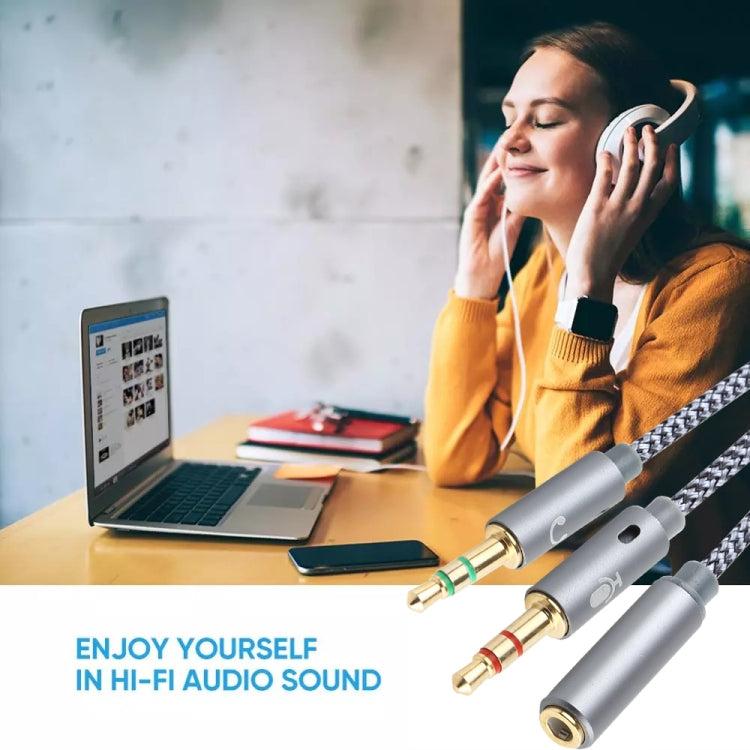 YH192 2 in 1 3.5mm Female to Microphone + Audio Male Braided Audio Cable, Length: 22cm (Grey)