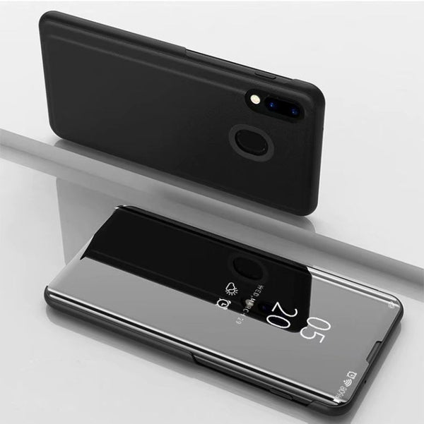 Electroplating Mirror Horizontal Flip Leather Case for Galaxy A30/A20 , with Holder (Black)