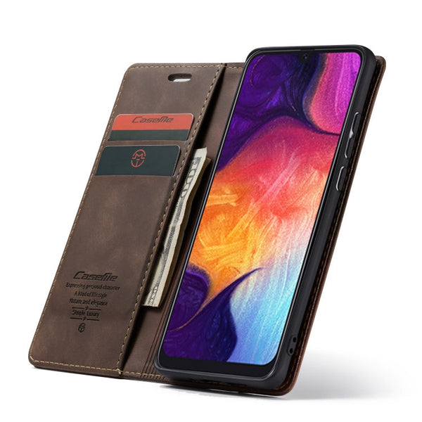 CaseMe-013 Multifunctional Retro Frosted Horizontal Flip Leather Case for Galaxy A30S / A50S / A50, with Card Slot & Holder & Zipper Wallet & Photo Frame(Coffee)