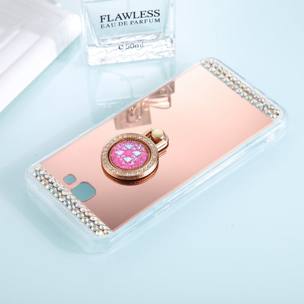 For Galaxy A5 (2017) Diamond Encrusted Electroplating Mirror Protective Cover Case with Ring Holder(Rose Gold)