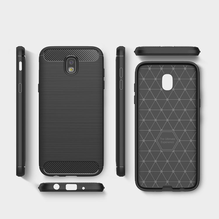 For Galaxy J530 / J5 Pro (EU Version) Brushed Texture Carbon Fiber Shockproof TPU Rugged Armor Protective Case(Red)