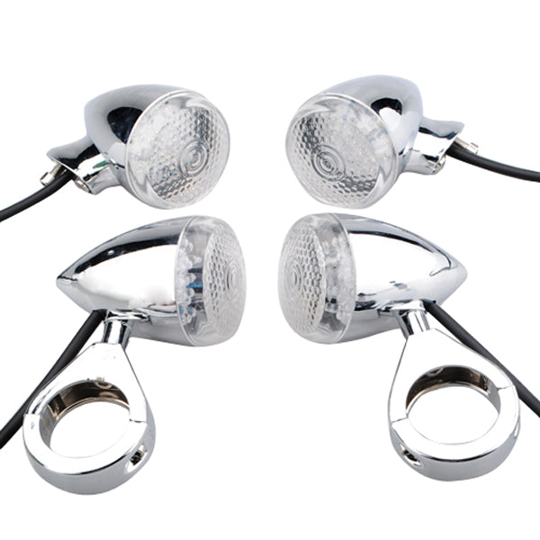 4pcs Front Rear LED Turn Lights Amber With 39mm Fork Clamp Silver For Harley