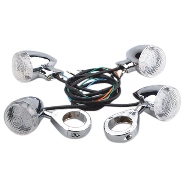 4pcs Front Rear LED Turn Lights Amber With 39mm Fork Clamp Silver For Harley