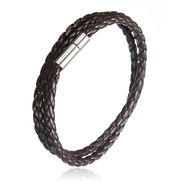 Handmade Braided Leather Stainless Steel Magnetic Buckle Bracelet