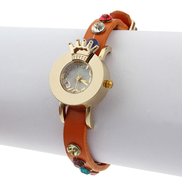 Fashion Leather Crown Crystal Number Women Bracelet Quartz Watch