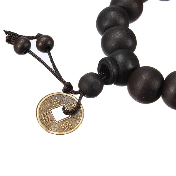 Lucky Black Wood Beads Coin Buddhist Prayer Bracelet Unisex