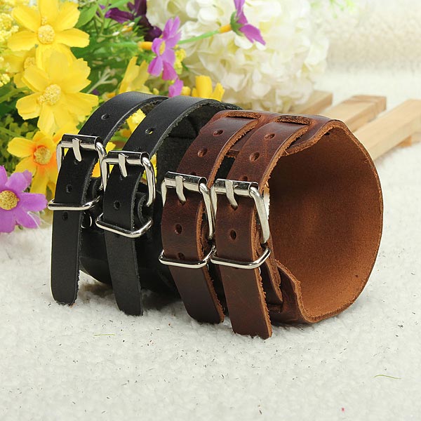 Men Punk Leather Bracelet Wristband Cuff Bangle 2 Layer