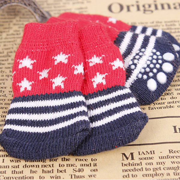 Star Pattern Blue And Red Anti-Slip Soft Cotton Knit Pet Socks