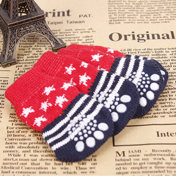 Star Pattern Blue And Red Anti-Slip Soft Cotton Knit Pet Socks