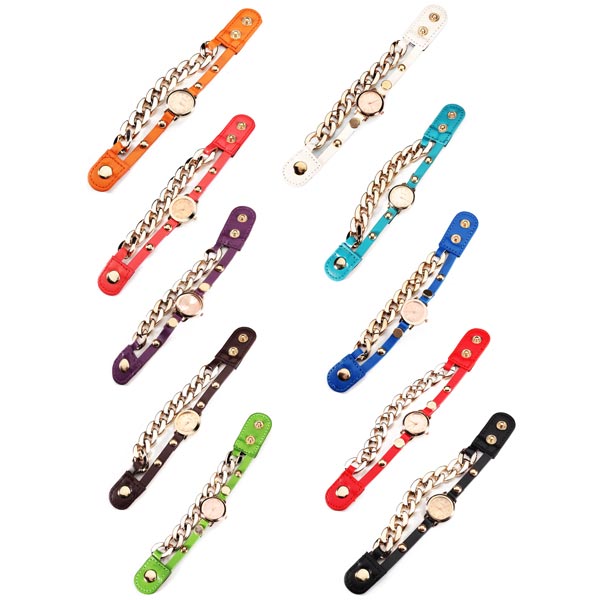 Fashion Chain Rivet Women Bracelet Leather Quartz Watch