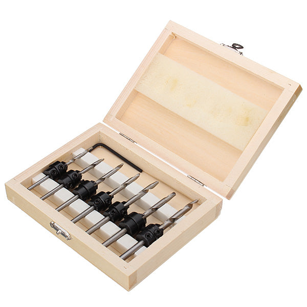 7pcs Tapered Drill Bit Countersink Drill Set Adjustable Stop Collar